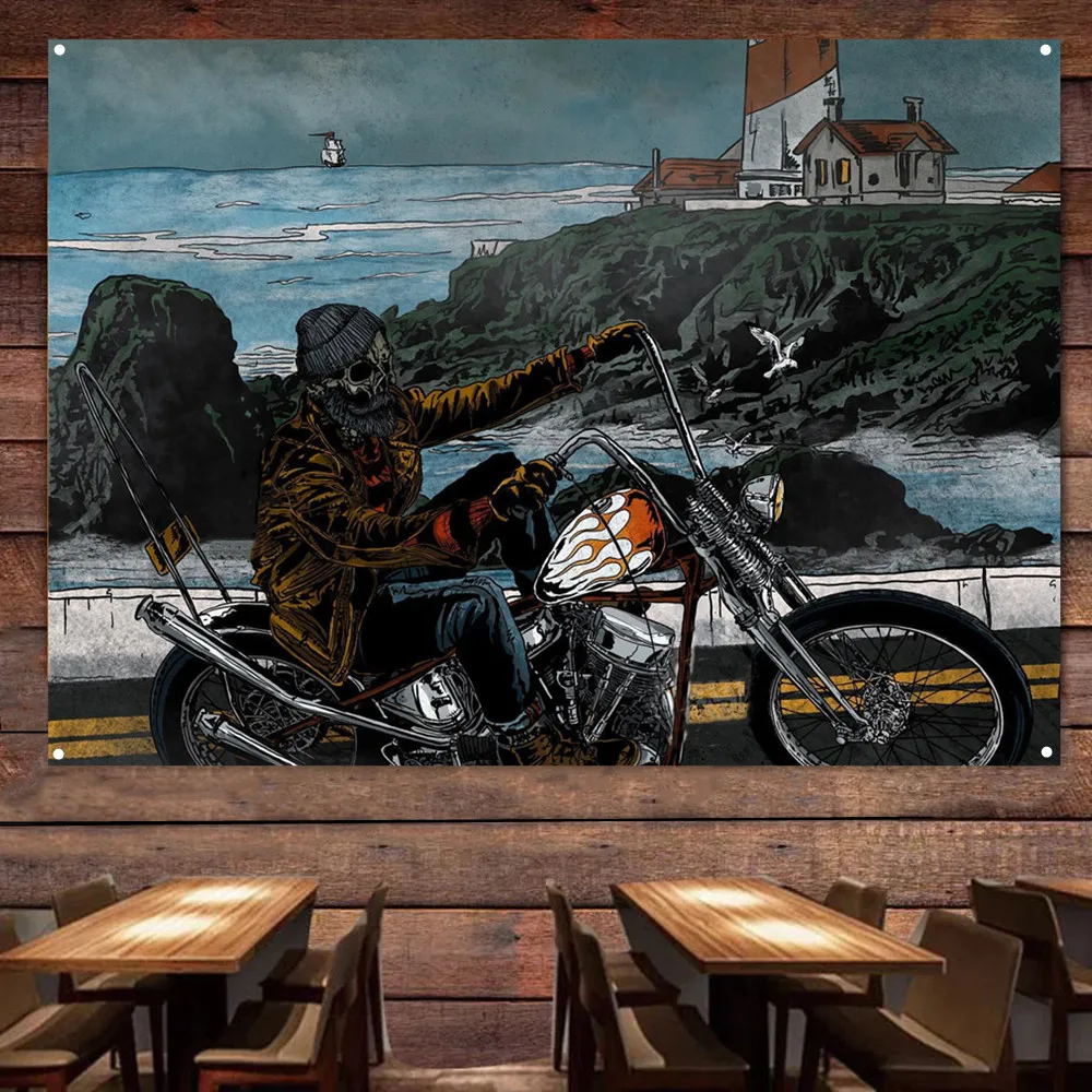 Auto Repair Shop Banners - Seaside Skeleton Biker Motorcycle Art Poster