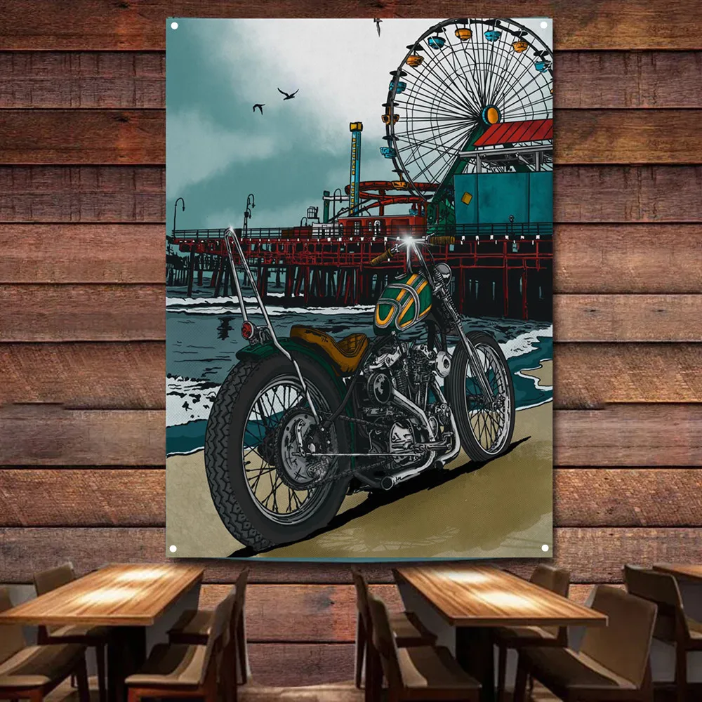 Seaside Motorcycle Art Poster  - Auto Repair Shop Banners recension och pris