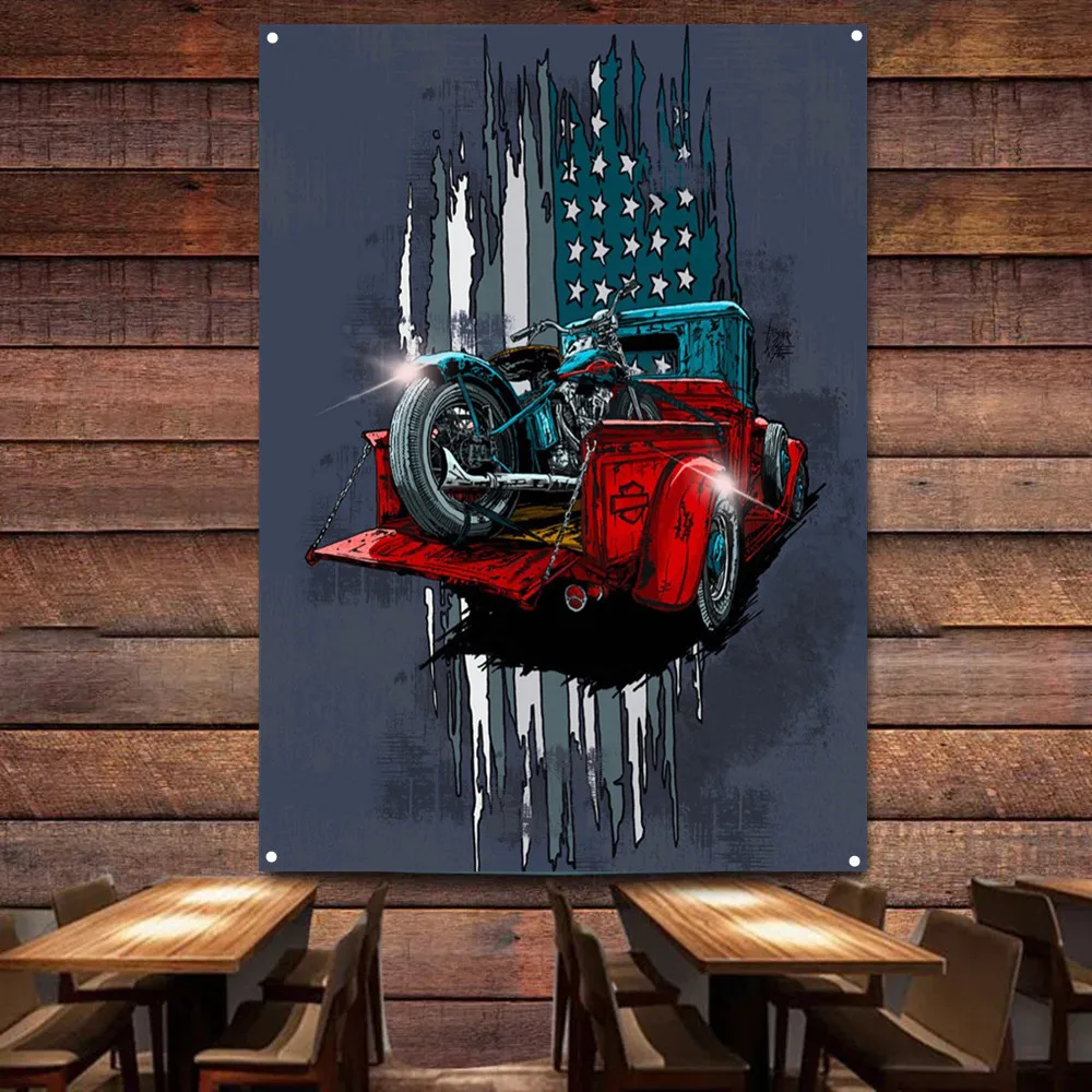 Motorcycle on Car Art Poster W - Auto Repair Shop Banners recension och pris